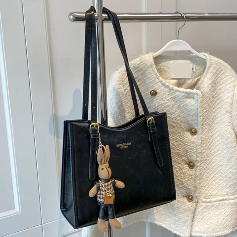 Vintage PU Leather Slouchy Tote Shoulder Bag with Pendant - Women's Fashion Travel Handbag - Image 9