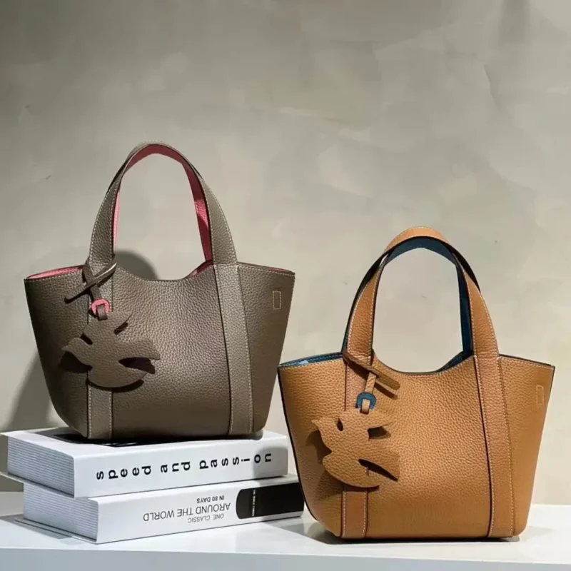 Full Grain Leather Bucket Handbag with Lychee Pattern for Women - Large Capacity Fashion Tote - Image 2