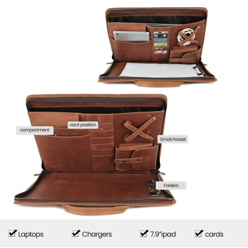 Genuine Crazy Horse Leather Briefcase with 15.6" Laptop Compartment - Vintage Business Portfolio Organizer - Image 5