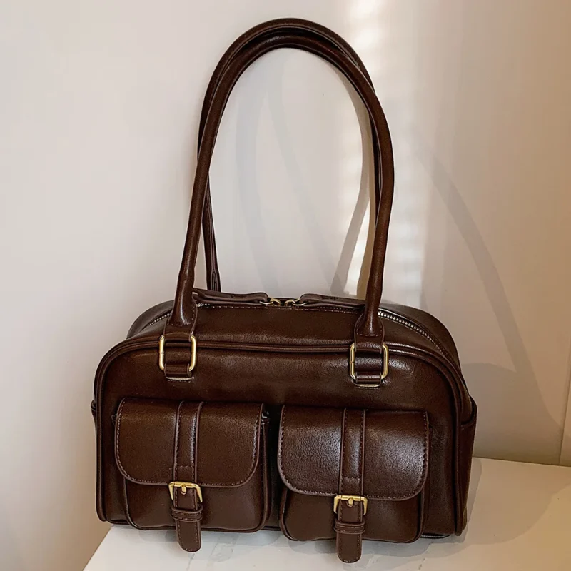 Vintage PU Leather Boston Shoulder Tote Bag with Double Pockets - Retro Underarm Sling for Women - Image 10