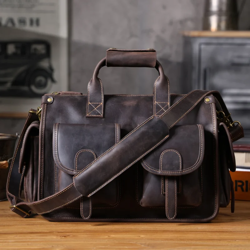 Crazy Horse Cowhide Leather Briefcase with 14-inch Laptop Compartment - Vintage Professional Messenger Bag - Image 7