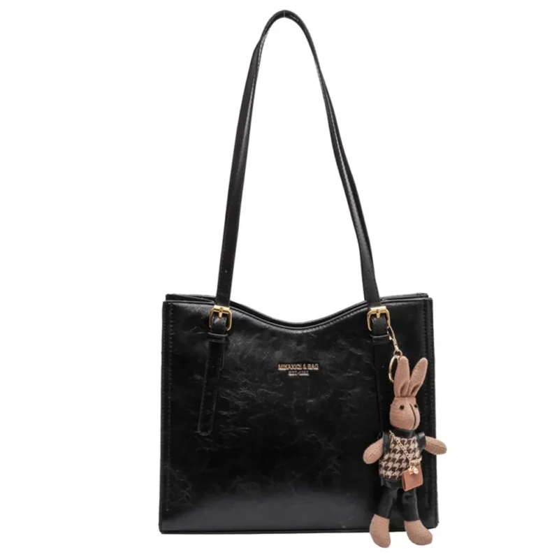 Vintage PU Leather Slouchy Tote Shoulder Bag with Pendant - Women's Fashion Travel Handbag - Image 4