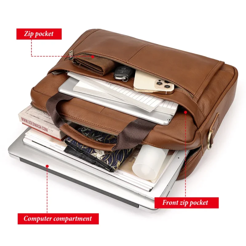 Full Grain Cow Leather Briefcase for Men - Professional Business Laptop Messenger Bag - Image 5