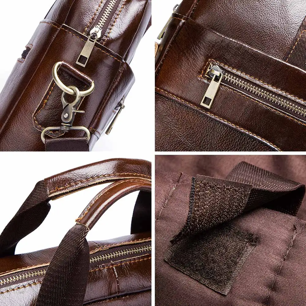 Professional leather laptop briefcase showing premium construction and organizational features