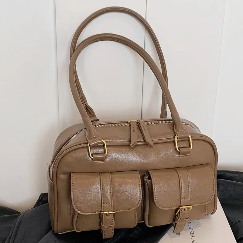 Vintage PU Leather Boston Shoulder Tote Bag with Double Pockets - Retro Underarm Sling for Women - Image 8