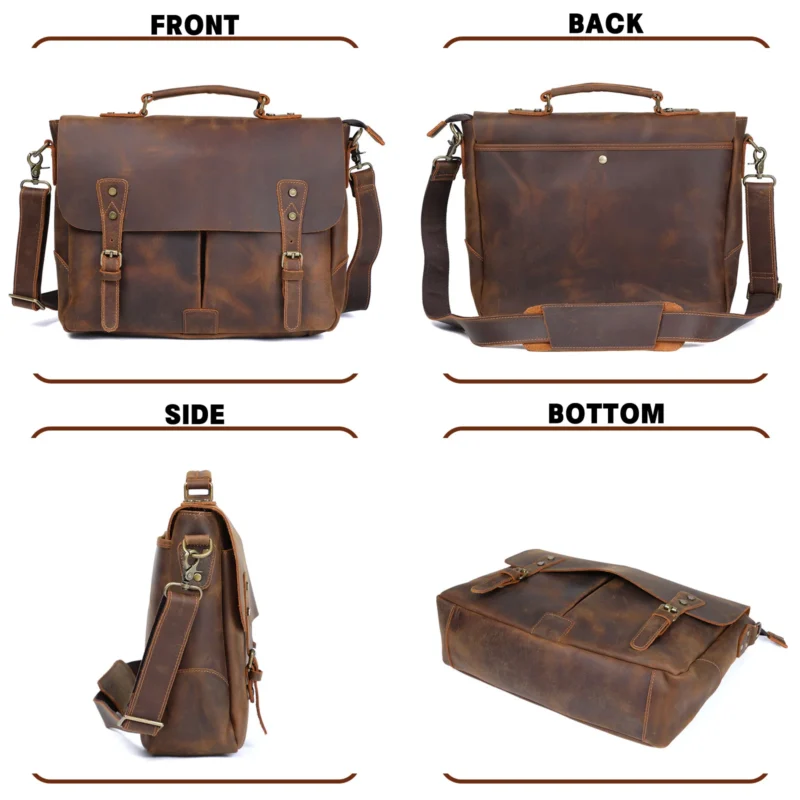 Full Grain Leather Briefcase for Men - Vintage Cowhide Laptop Messenger Bag with Multiple Compartments - Image 2