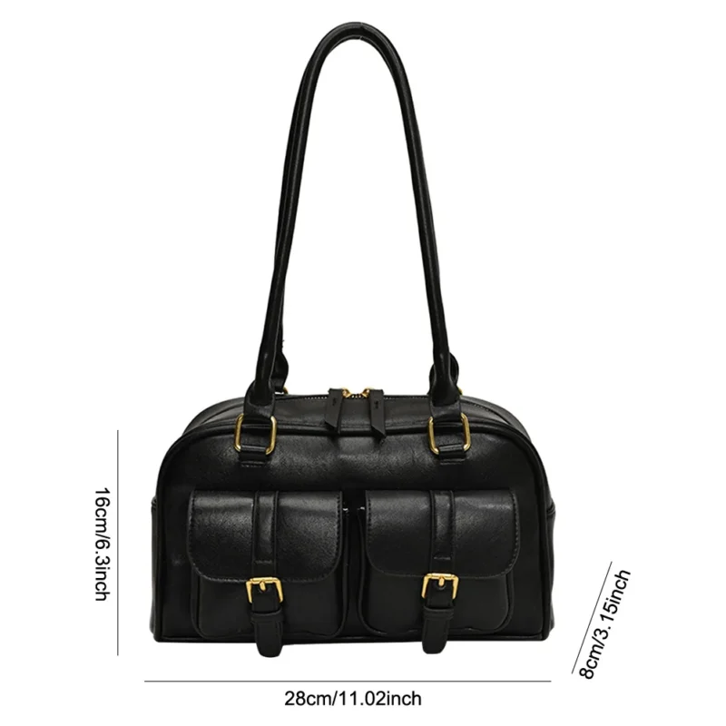 Vintage PU Leather Boston Shoulder Tote Bag with Double Pockets - Retro Underarm Sling for Women - Image 6