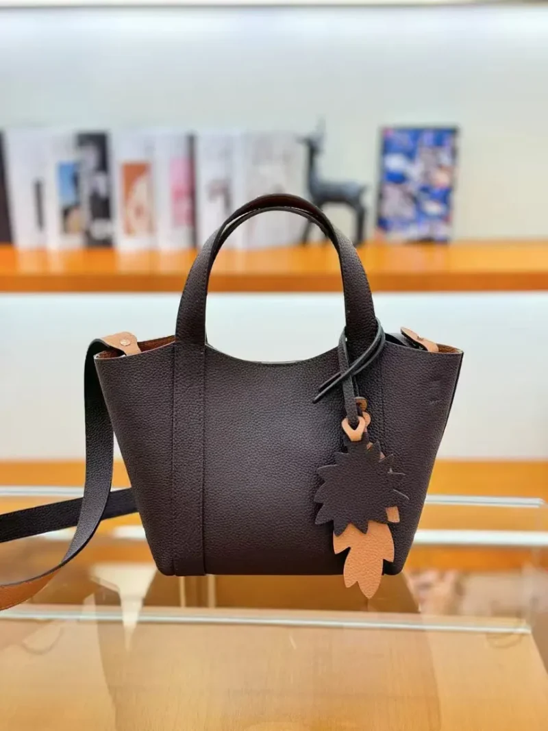 Full Grain Leather Bucket Handbag with Lychee Pattern for Women - Large Capacity Fashion Tote - Image 15