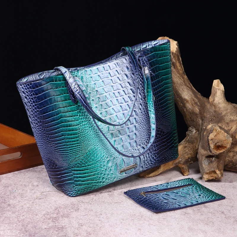 Crocodile Pattern Vegan Leather Work Tote with Matching Pouch - Professional Women's Shoulder Bag - Image 2