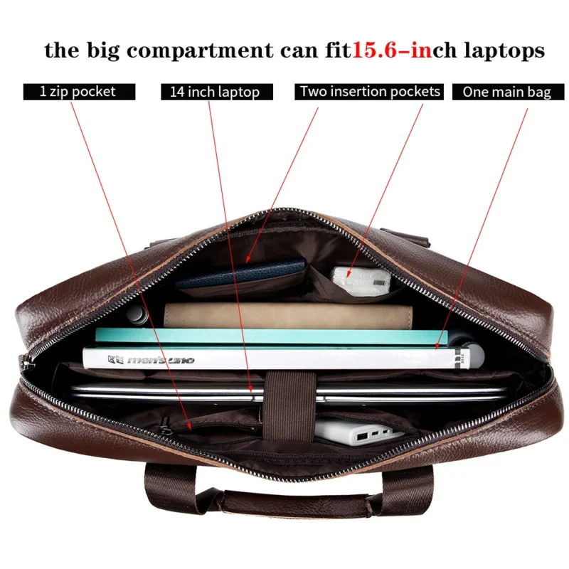 Premium Cowhide Leather Briefcase with Laptop Compartment - Professional Business Messenger Bag for Men - Image 2