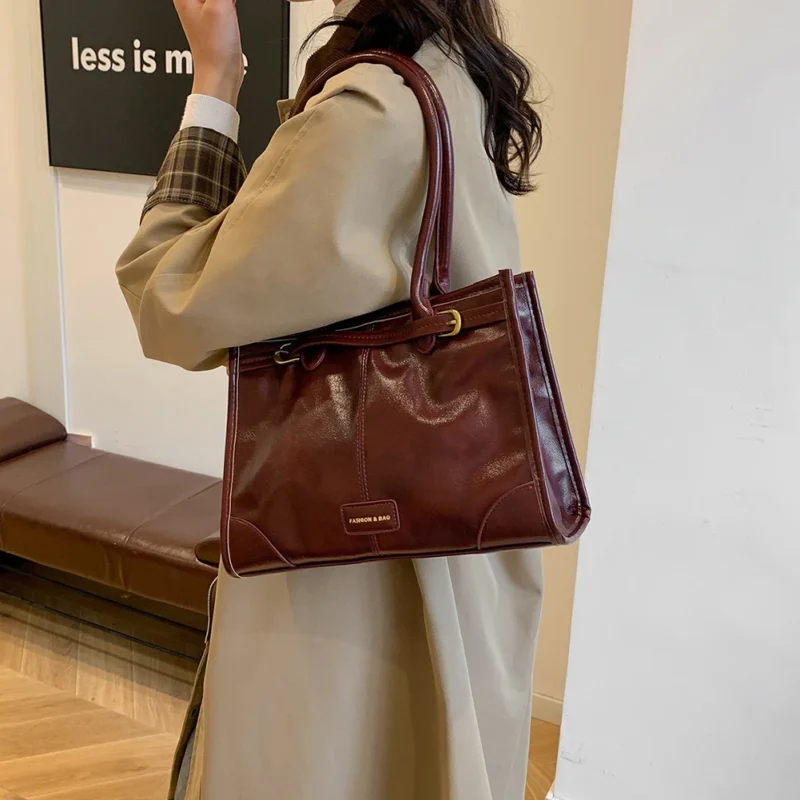 Premium PU Leather Work Tote Bag with Shoulder Straps - Professional Red Commuter Handbag for Women - Image 3