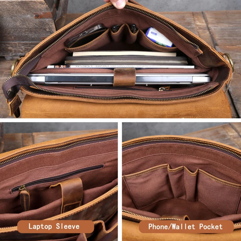 Full Grain Leather Briefcase for Men - Vintage Cowhide Laptop Messenger Bag with Multiple Compartments - Image 5