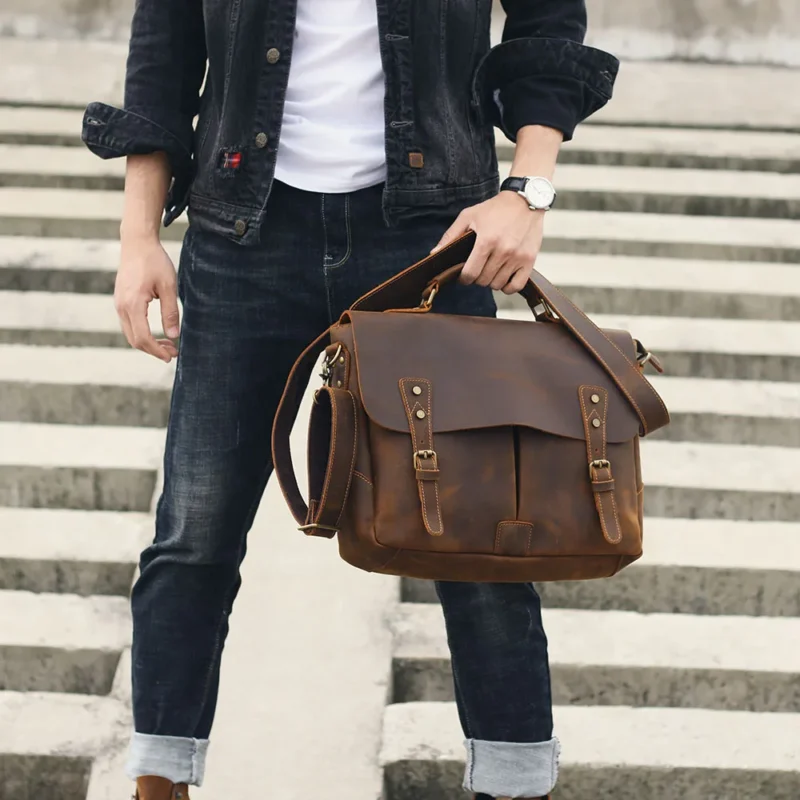 Full Grain Leather Briefcase for Men - Vintage Cowhide Laptop Messenger Bag with Multiple Compartments - Image 3