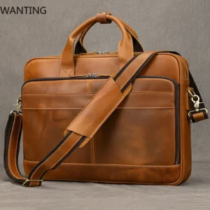 Full Grain Cowskin Leather Briefcase with Laptop Compartment 15-17 inch - Vintage Professional Work Bag for Men