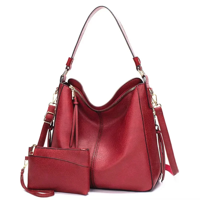 Vintage PU Leather Hobo Tote Bag Set with Tassel Detail - Professional Women's Shoulder Crossbody Workbag - Image 2