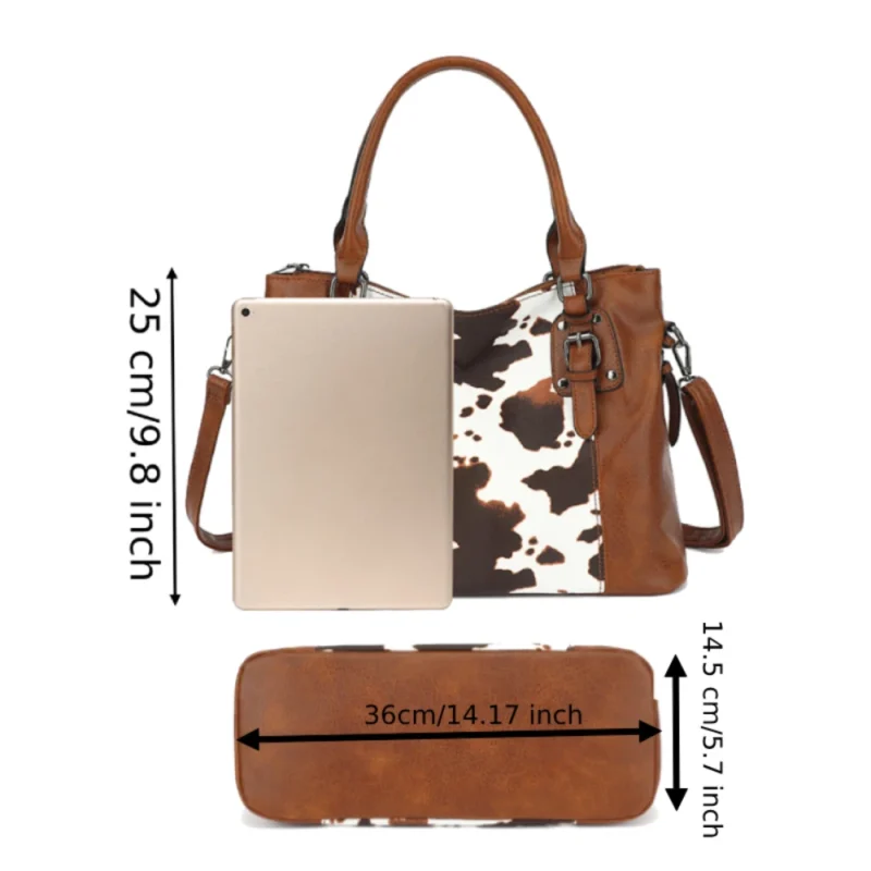 PU Leather Work Tote Bag Set with Cow Print Pattern - Professional 2-Piece Shoulder Bag with Multi-Pockets - Image 2