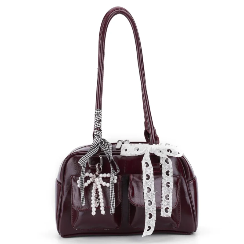 Y2K Bow Knot PU Leather Shoulder Bag - Sweet Underarm Tote with Double Pockets for Women - Image 12