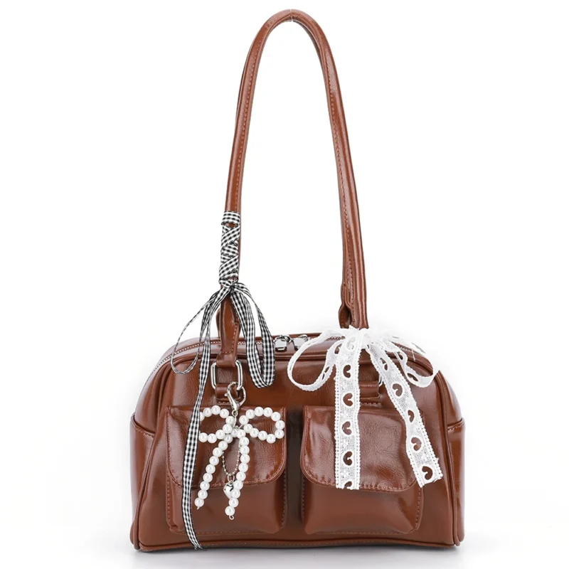 Y2K Bow Knot PU Leather Shoulder Bag - Sweet Underarm Tote with Double Pockets for Women - Image 11