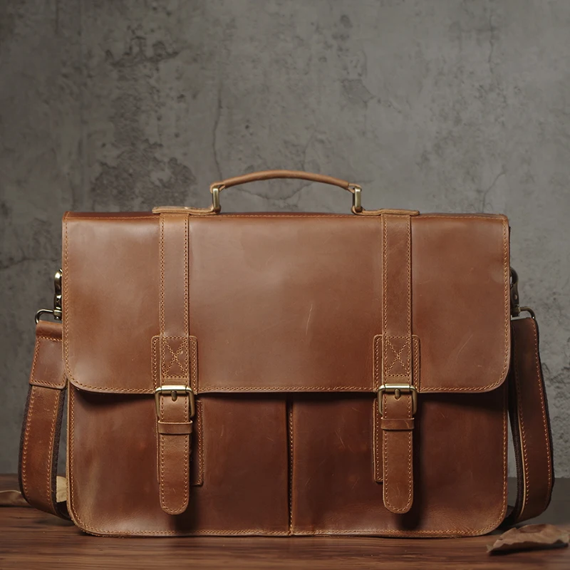 Professional brown leather briefcase with rich patina development