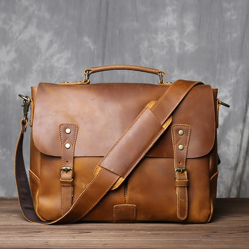 Vintage crazy horse leather messenger bag with distinctive patina