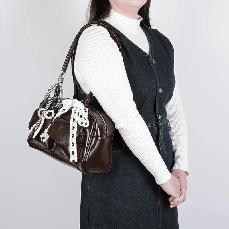 Y2K Bow Knot PU Leather Shoulder Bag - Sweet Underarm Tote with Double Pockets for Women - Image 4