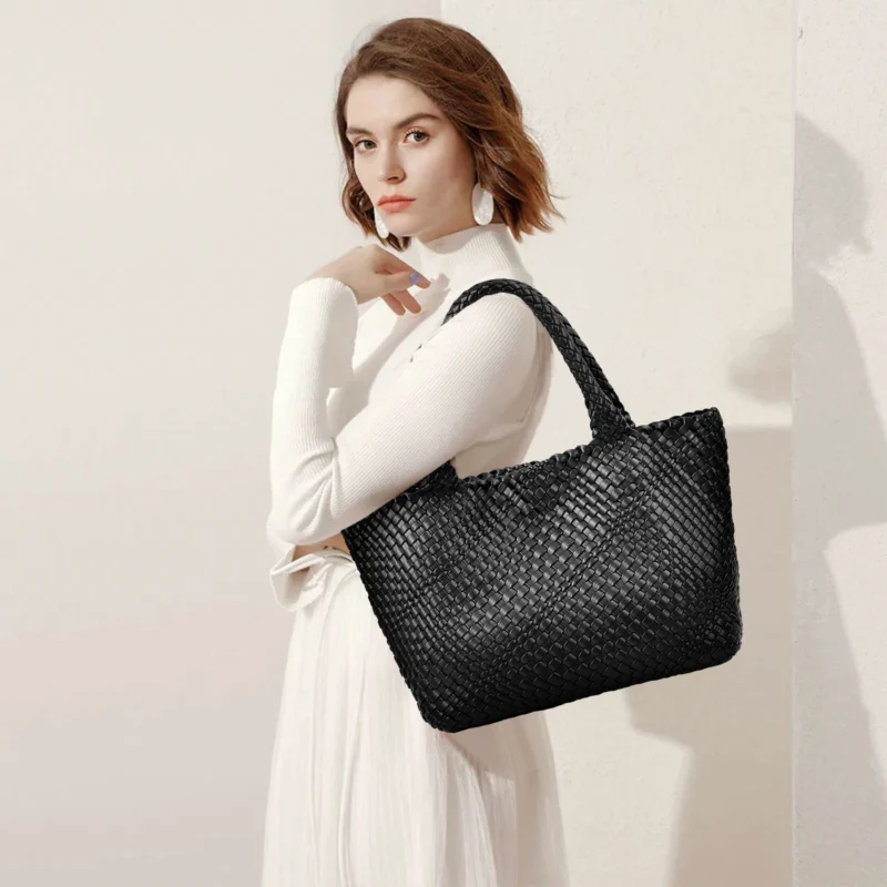 Woven Vegan Leather Tote Bag with Handle for Women - Professional Work & Travel Companion - Image 2