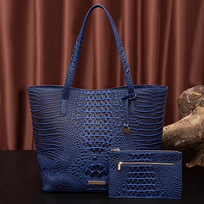 Crocodile Pattern Vegan Leather Work Tote with Matching Pouch - Professional Women's Shoulder Bag - Image 14