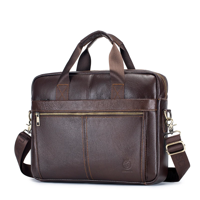 Close-up of leather briefcase with quality finish showing patina development
