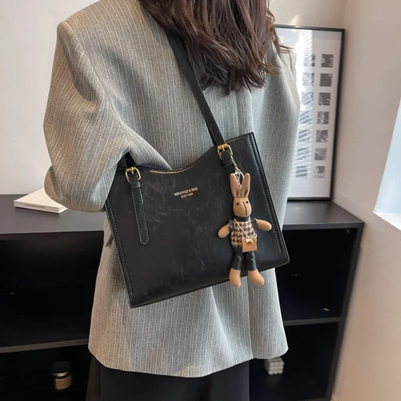 Vintage PU Leather Slouchy Tote Shoulder Bag with Pendant - Women's Fashion Travel Handbag - Image 5