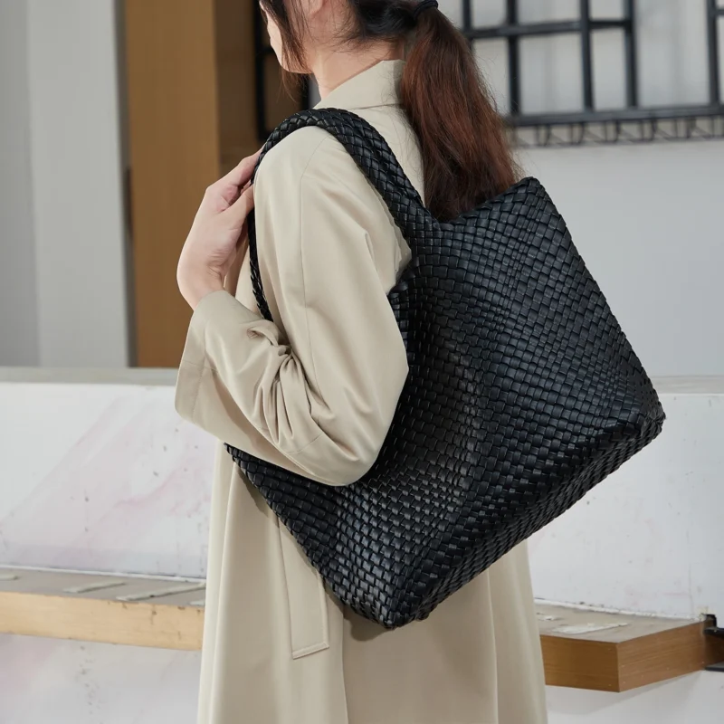 Woven Vegan Leather Tote Bag with Shoulder Straps - Fashion Summer Beach Travel Handbag - Image 2