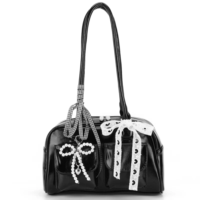 Y2K Bow Knot PU Leather Shoulder Bag - Sweet Underarm Tote with Double Pockets for Women - Image 10