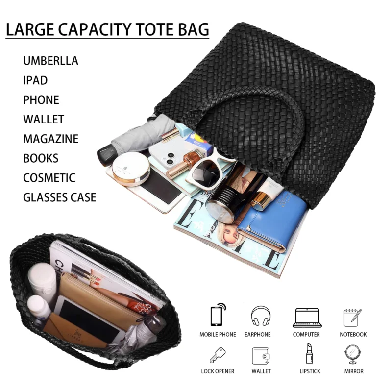 Woven Vegan Leather Tote Bag with Shoulder Straps - Fashion Summer Beach Travel Handbag - Image 5