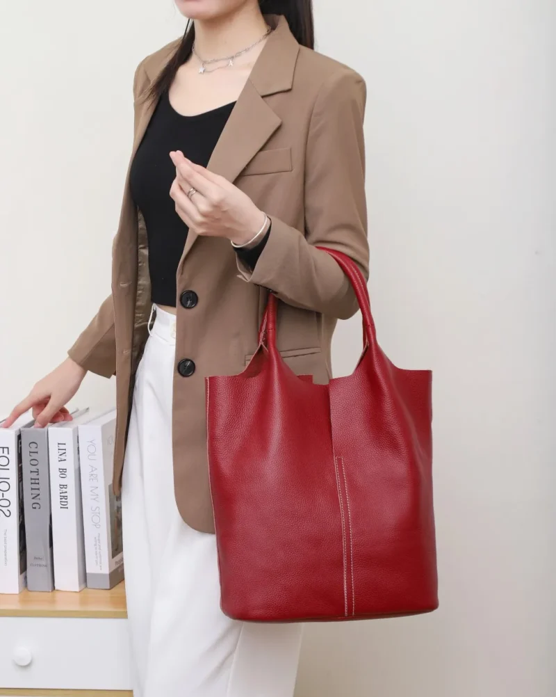 Full Grain Cowhide Leather Work Tote with Dual Straps - Professional Women's Bucket Bag - Image 11